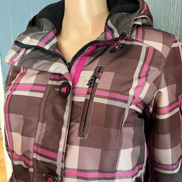 Zero Xposure Vintage Quilted Hooded Pink Plaid Jacket S Zip Pockets Ski Resort - Picture 2 of 7